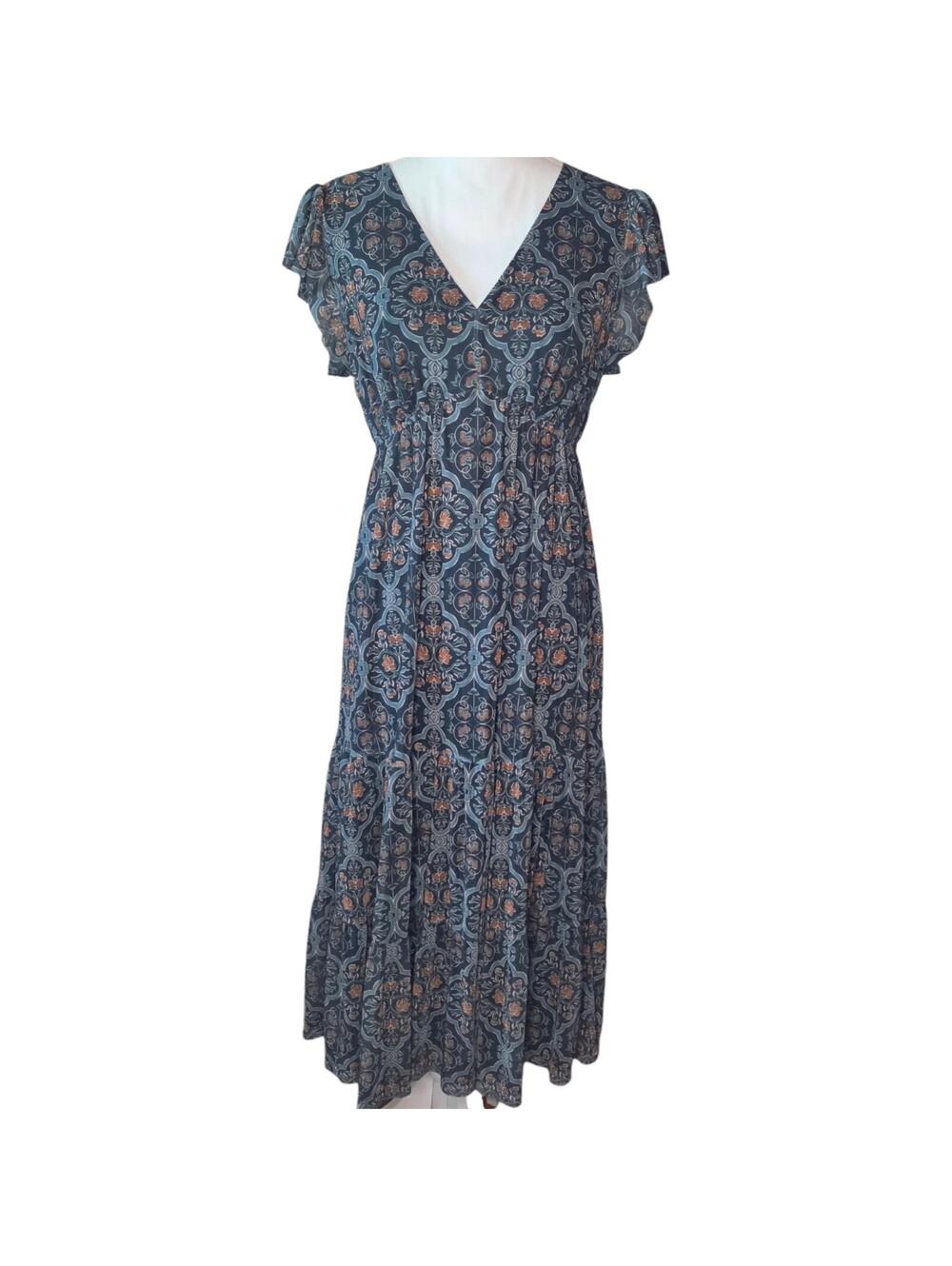 Les Serein Womens Med Empire Waist Maxi Dress Floral Blue Orange V Neck Flutter